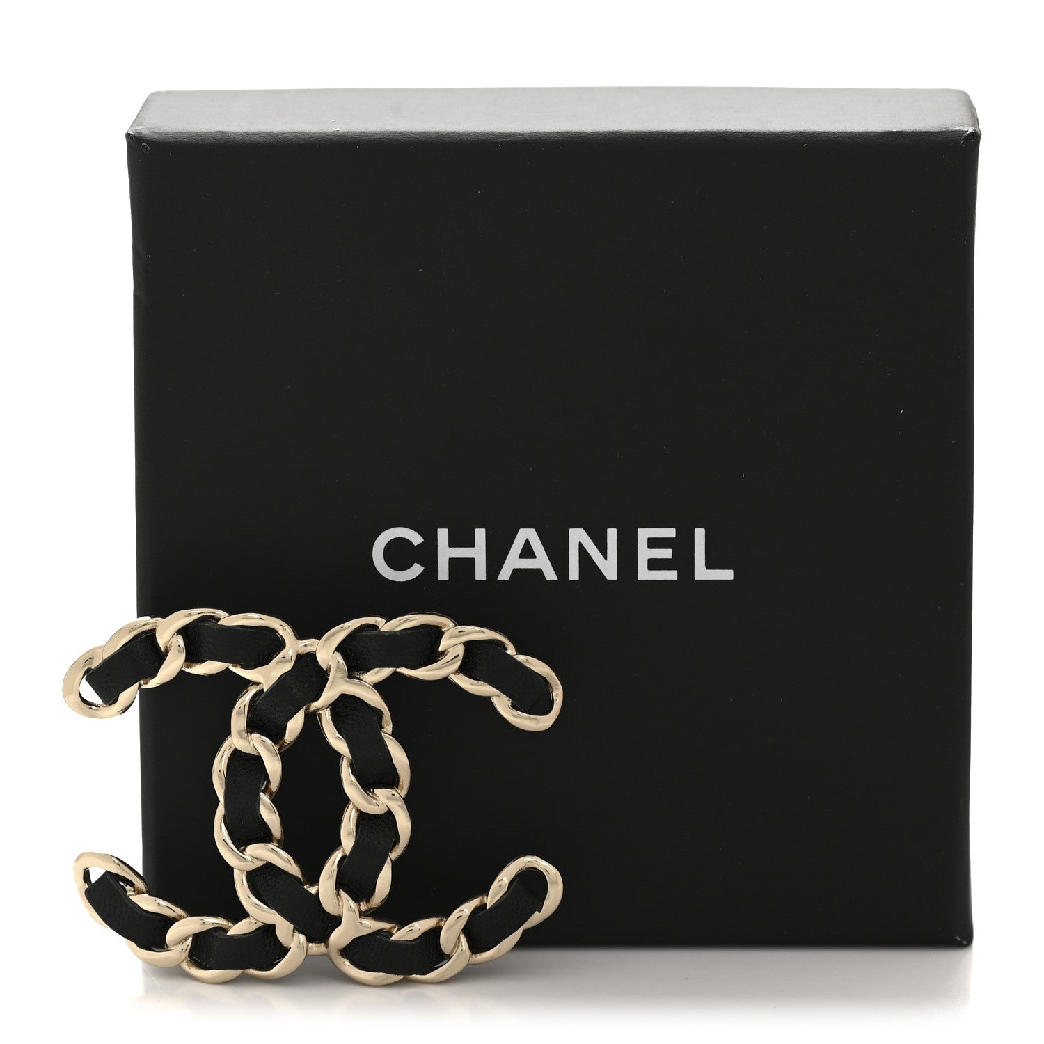 Lambskin Chain CC Brooch Black Gold