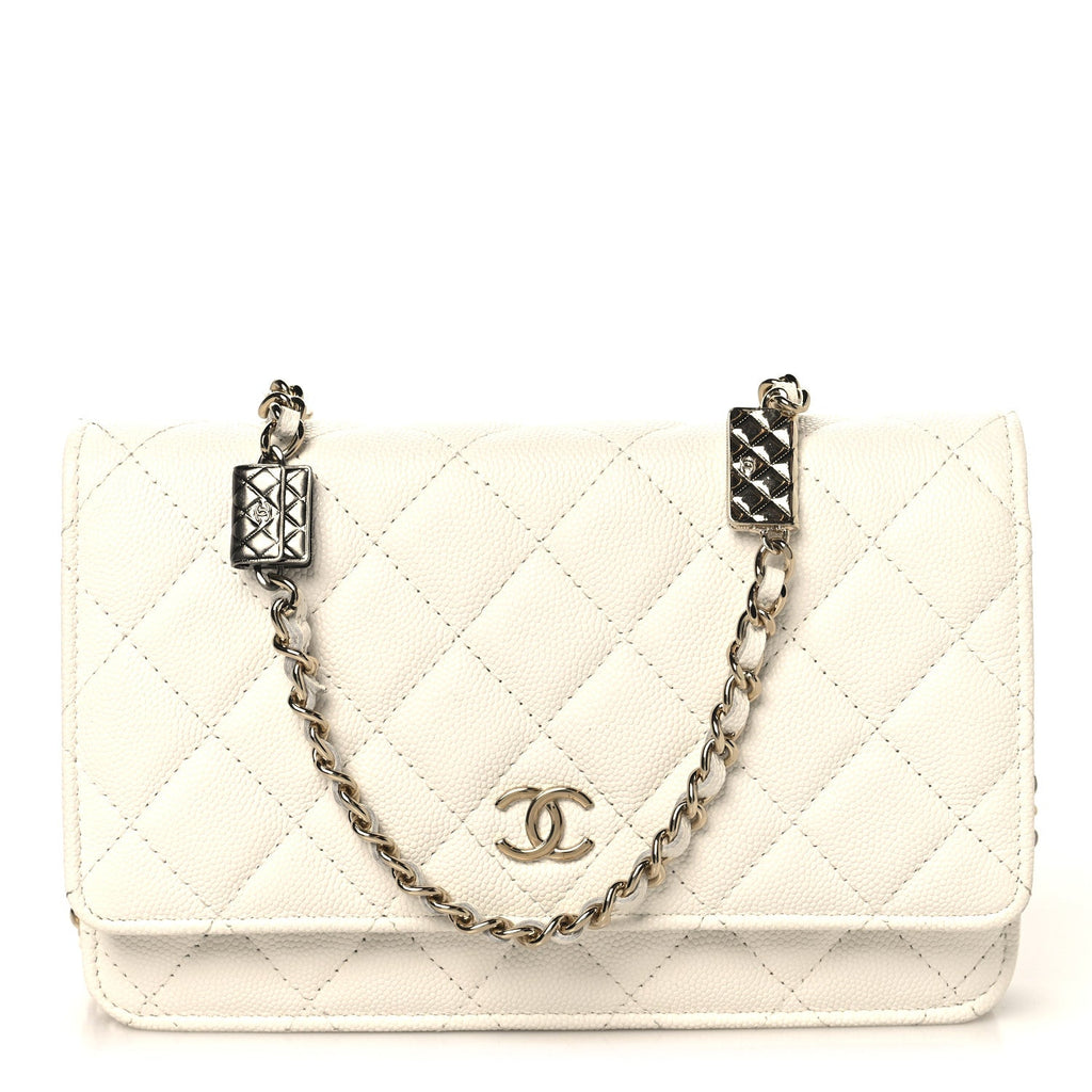 Chanel Shiny Caviar Quilted Flap Charm Wallet On Chain WOC White