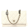 Chanel Shiny Caviar Quilted Flap Charm Wallet On Chain WOC White