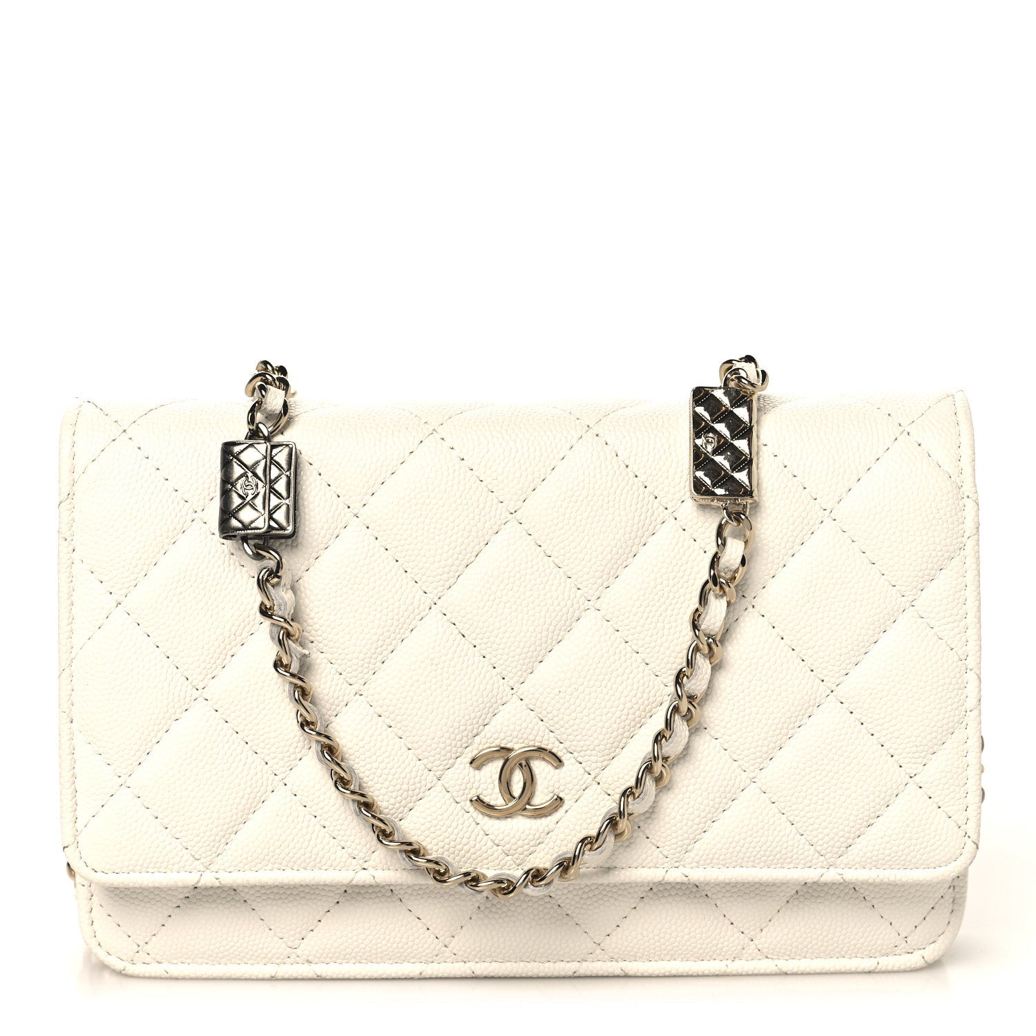 Chanel Shiny Caviar Quilted Flap Charm Wallet On Chain WOC White