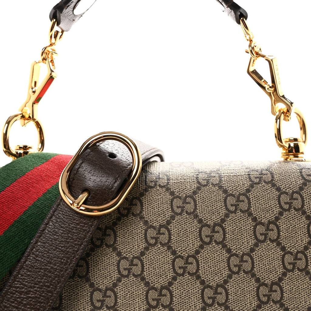 Gucci GG Supreme Monogram Textured Dollar Calfskin Web Medium Blondie Top Handle Shoulder Flap Bag Beige Ebony New Acero