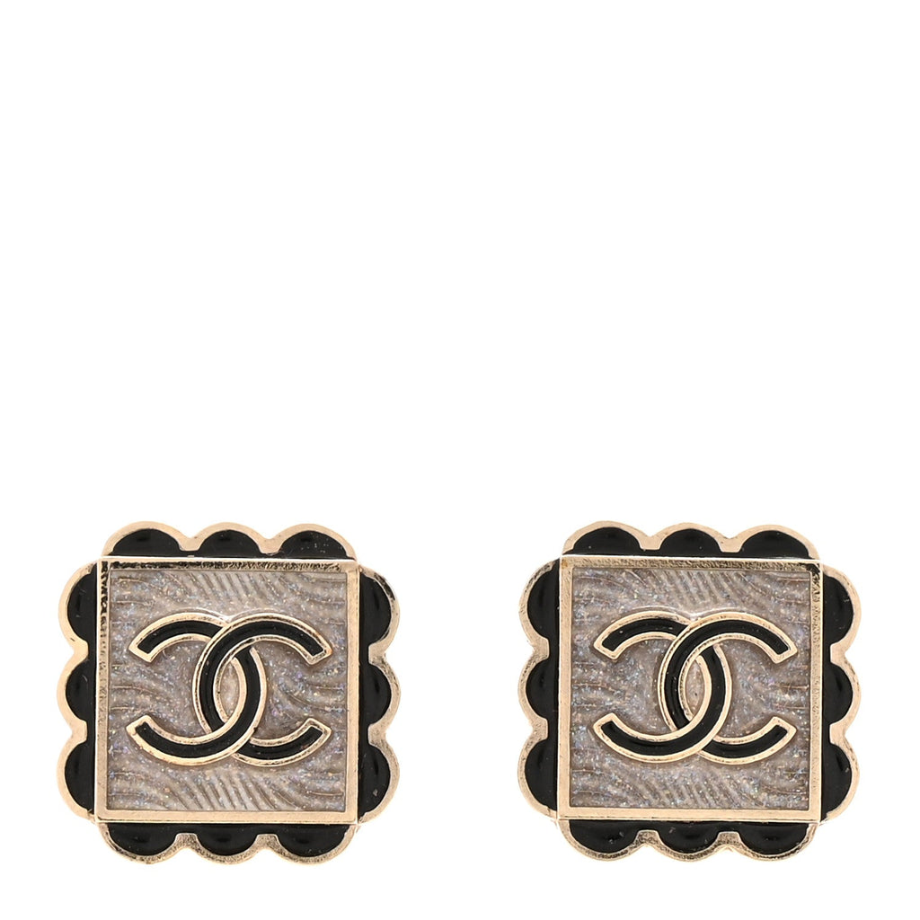 Resin CC Square Clip On Earrings Gold Black