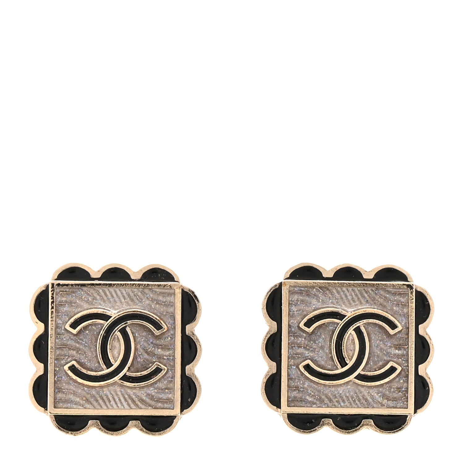 Resin CC Square Clip On Earrings Gold Black