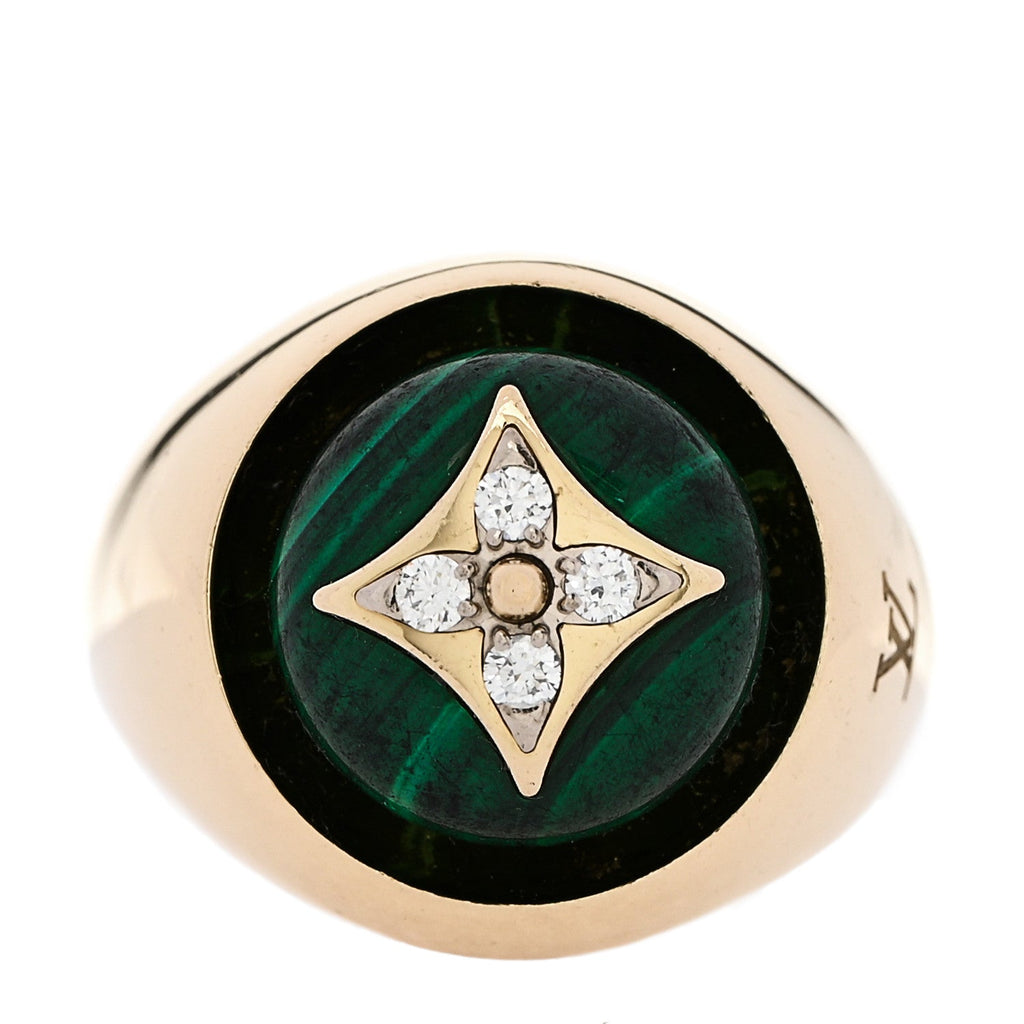 Louis Vuitton 18K Yellow Gold Diamond Malachite Blossom Signet Ring 49 5