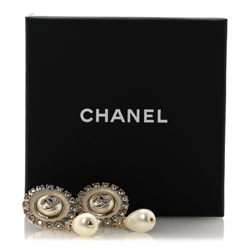 Crystal Pearl Enamel CC Drop Earrings Gold White