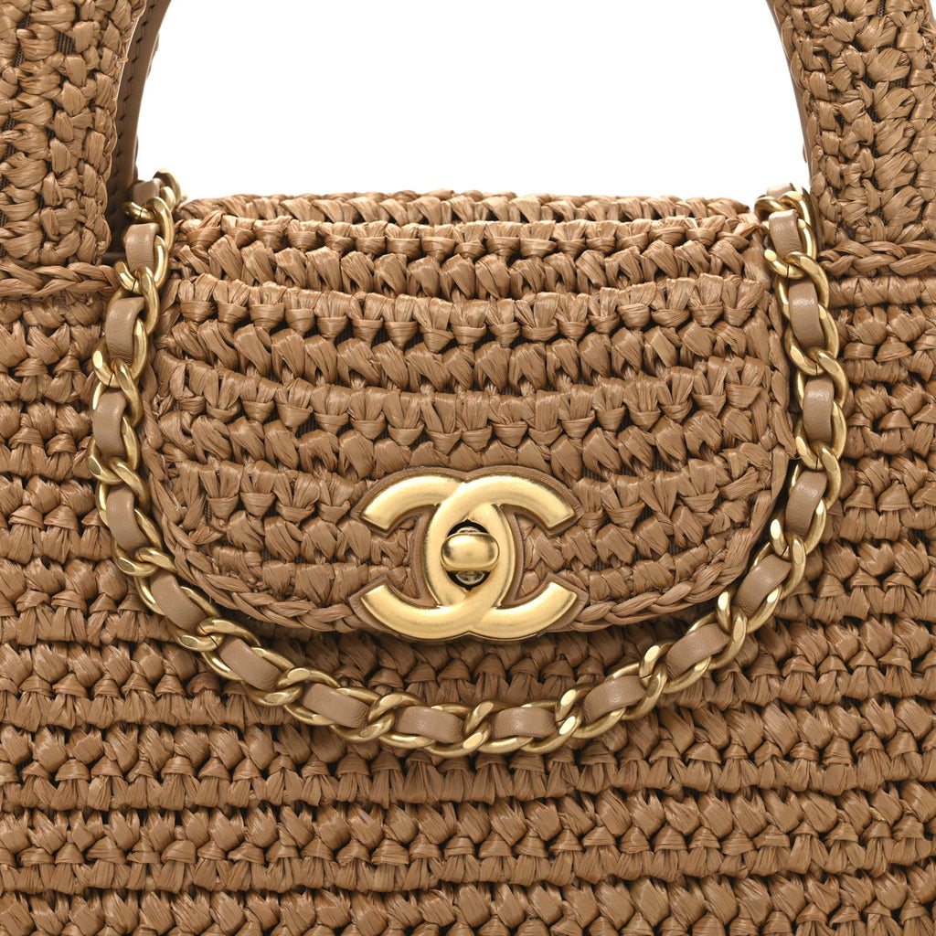 Chanel Braided Raffia Nano Kelly Flap Bag Dark Beige