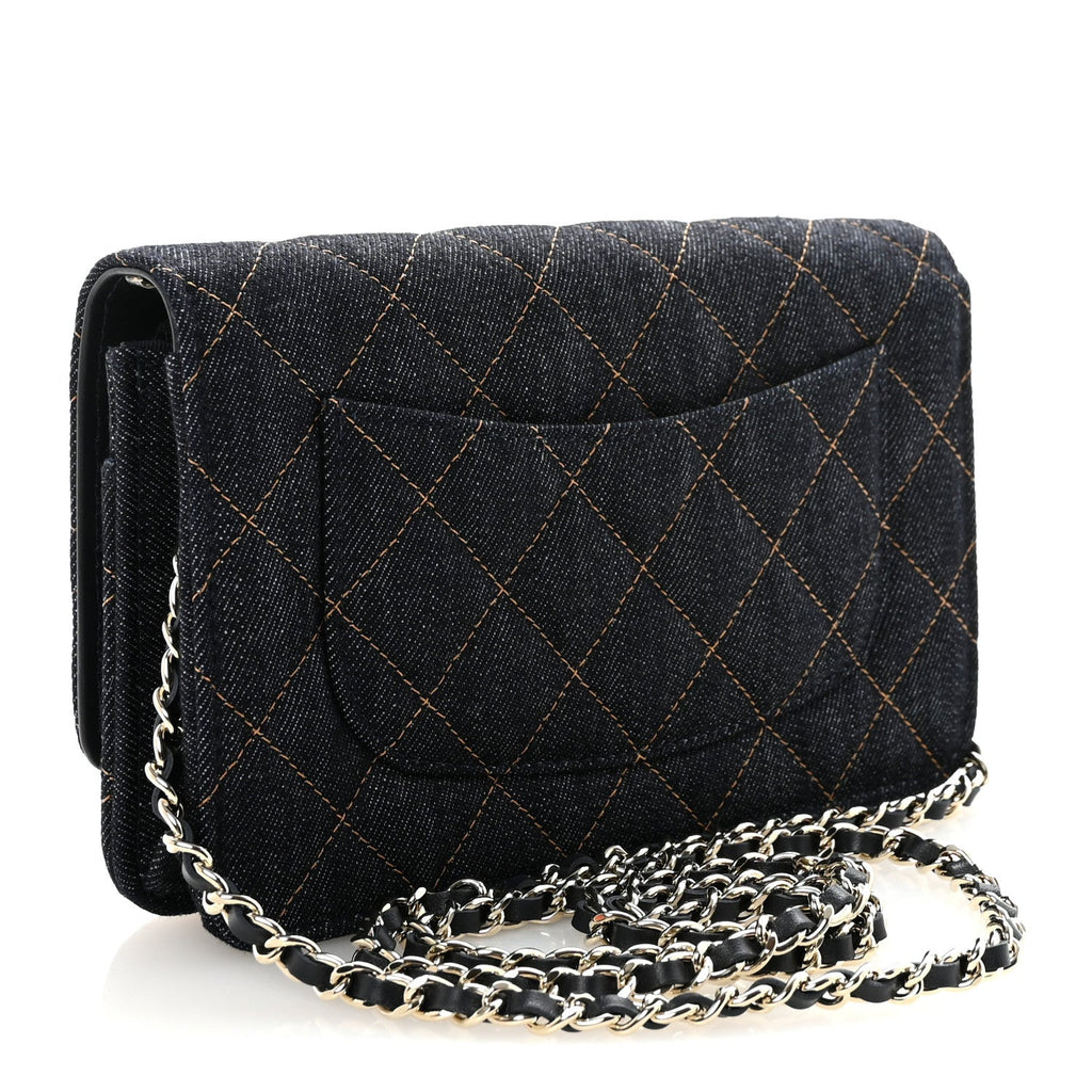 Chanel Denim Quilted CC Turnlock Wallet On Chain WOC Dark Blue Orange