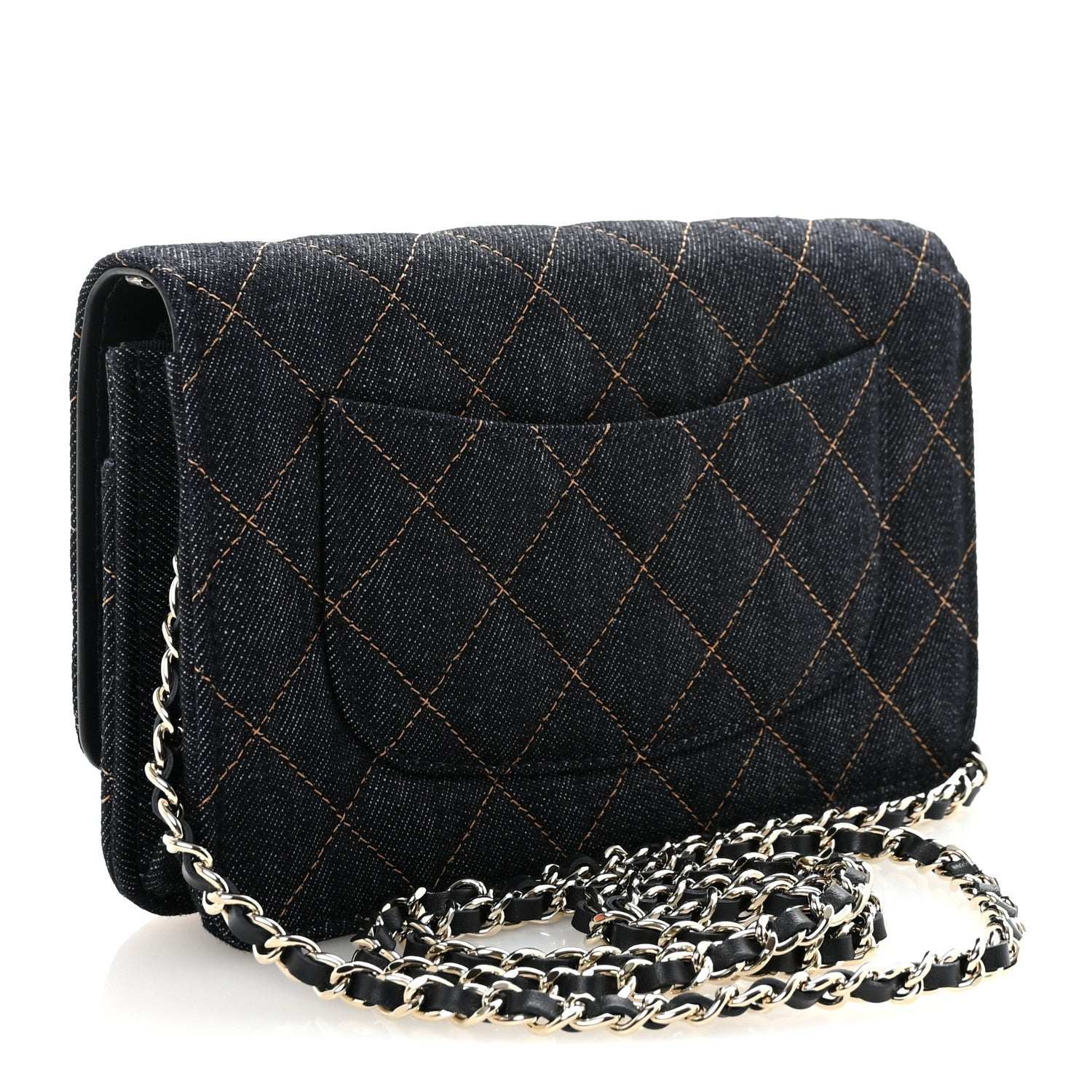 Chanel Denim Quilted CC Turnlock Wallet On Chain WOC Dark Blue Orange