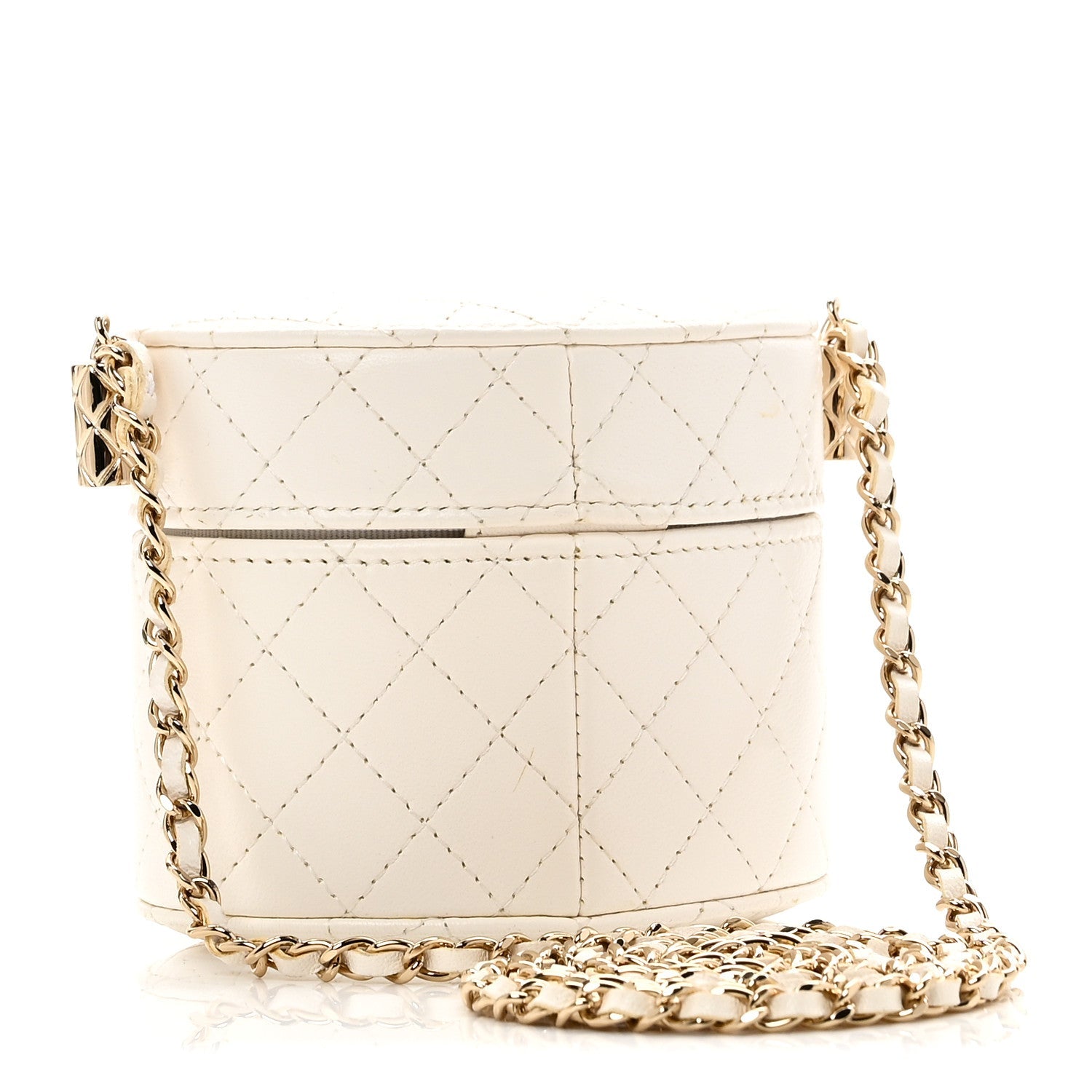 Chanel Lambskin Quilted Round Mini Vanity Case With Chain White