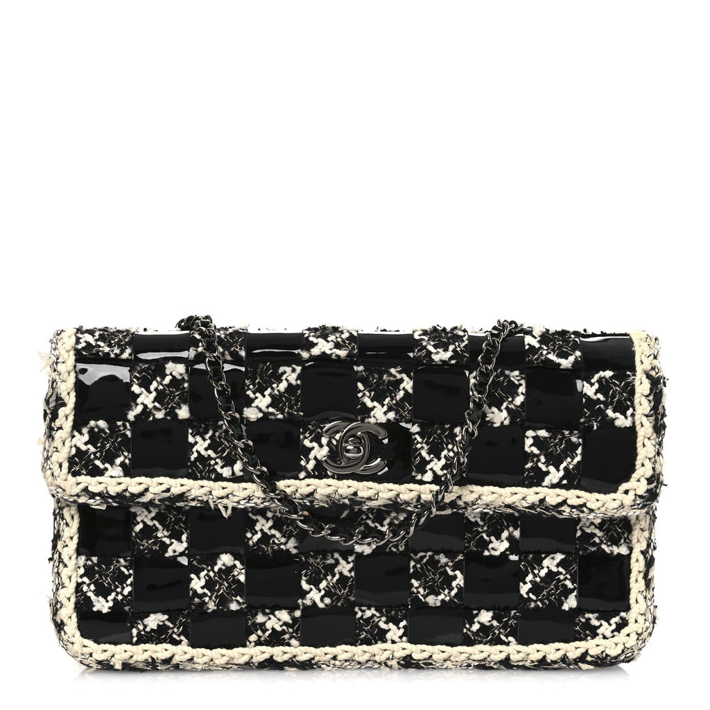 Chanel Tweed Patent Quilted Rectangular Flap Black White