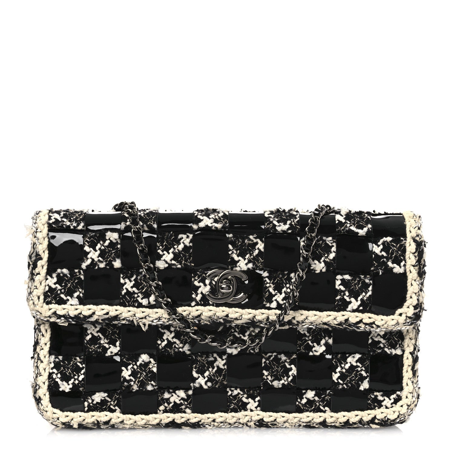 Chanel Tweed Patent Quilted Rectangular Flap Black White