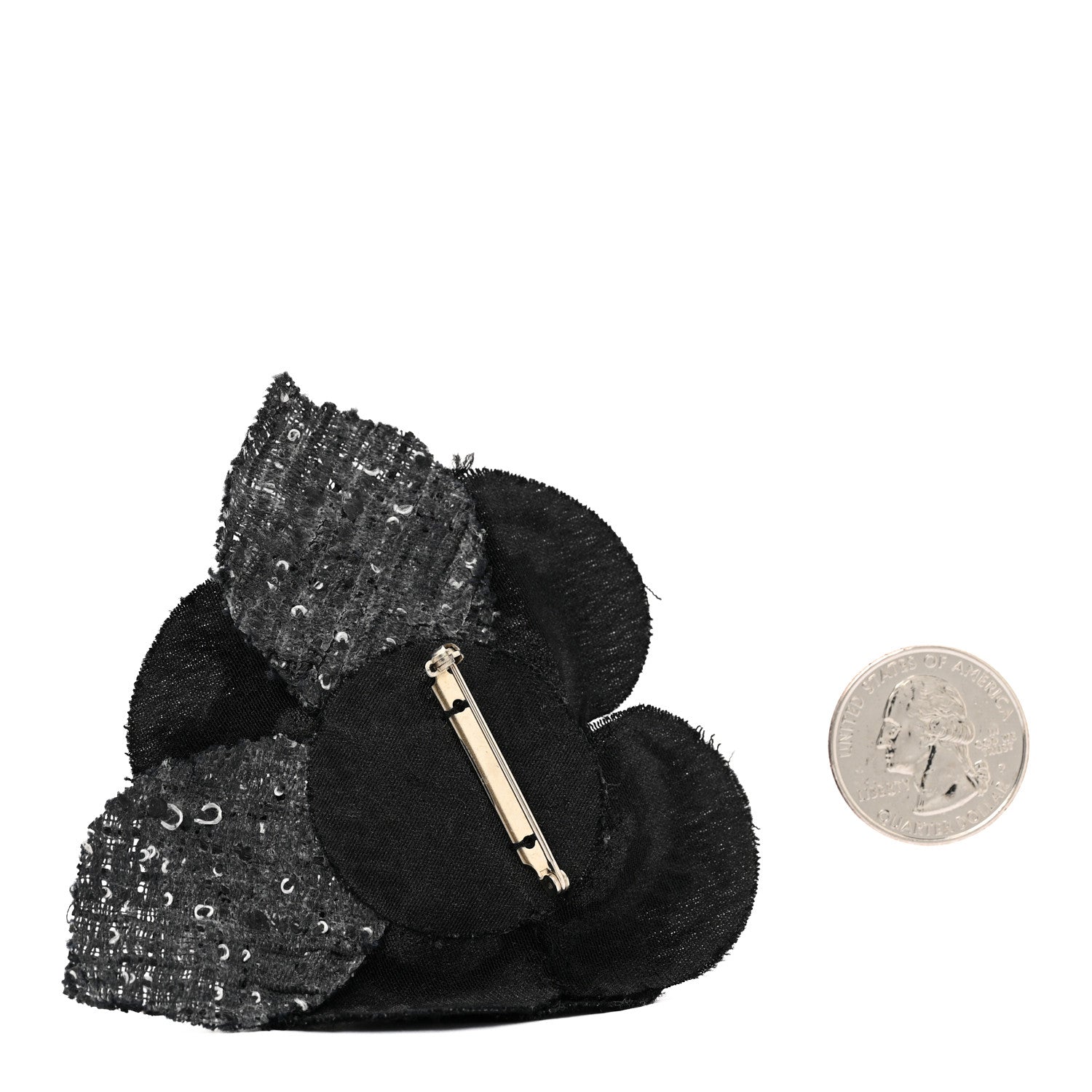 Chanel Tweed Camellia Pin Brooch Black White
