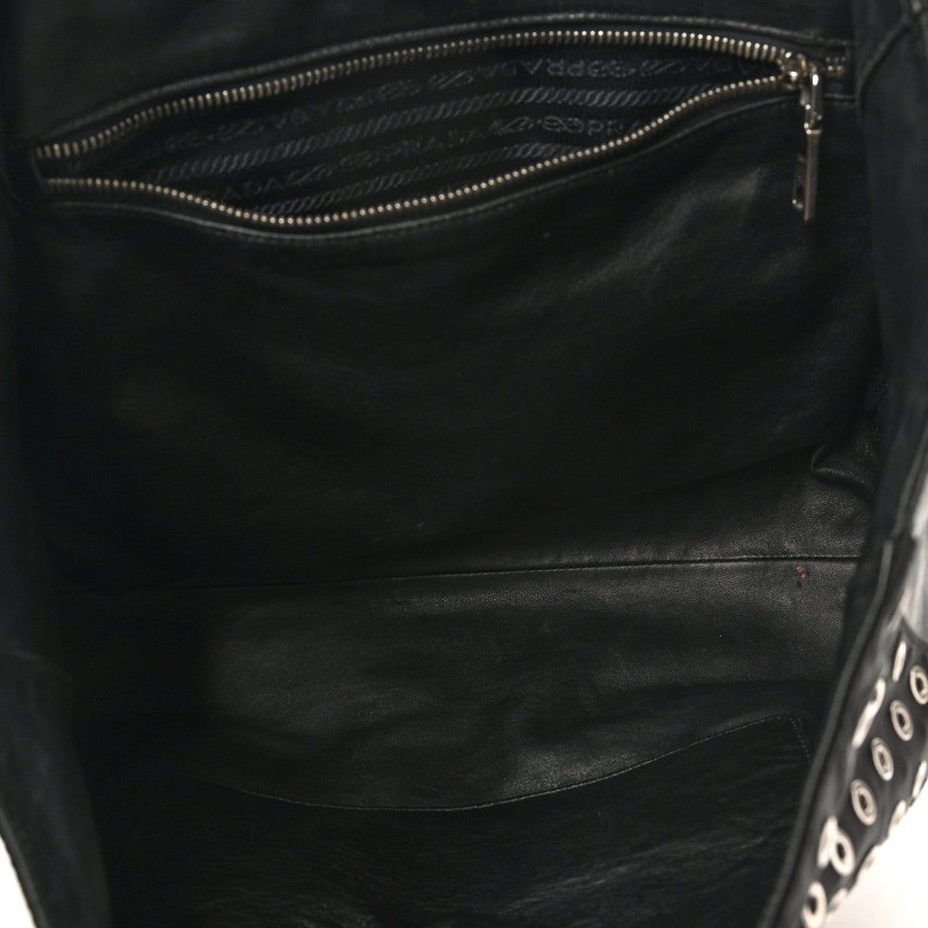 Prada Tessuto Nylon Calfskin Grommet Tote Black