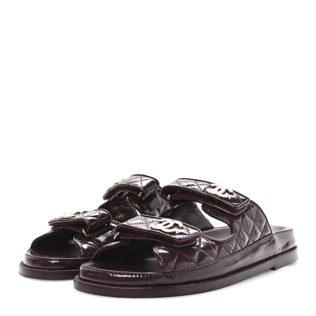 Chanel Shiny Calfskin Quilted Velcro Dad Pearl CC Slide Sandals  40 Burgundy