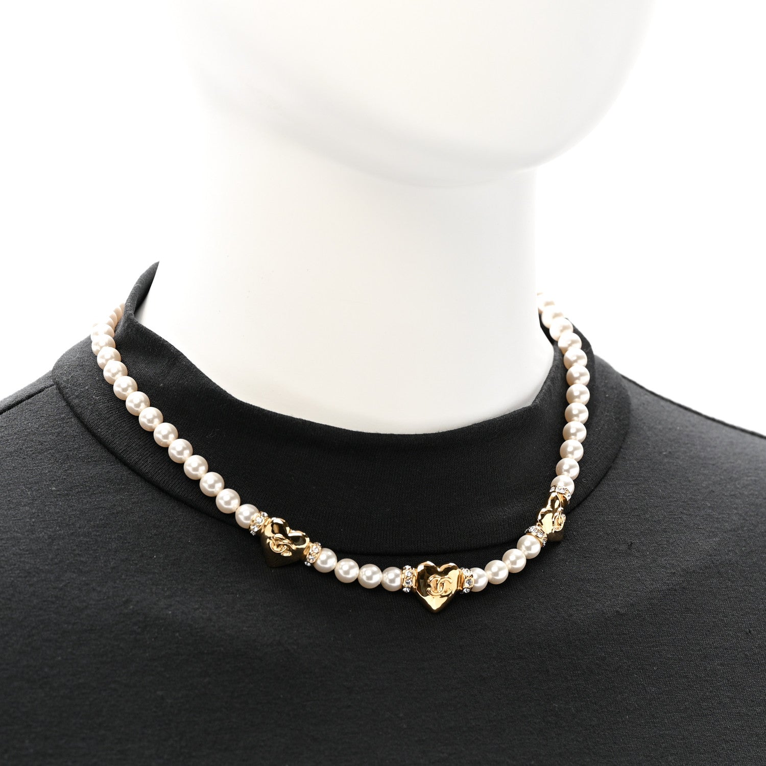 Crystal Pearl CC Heart Choker Necklace Gold