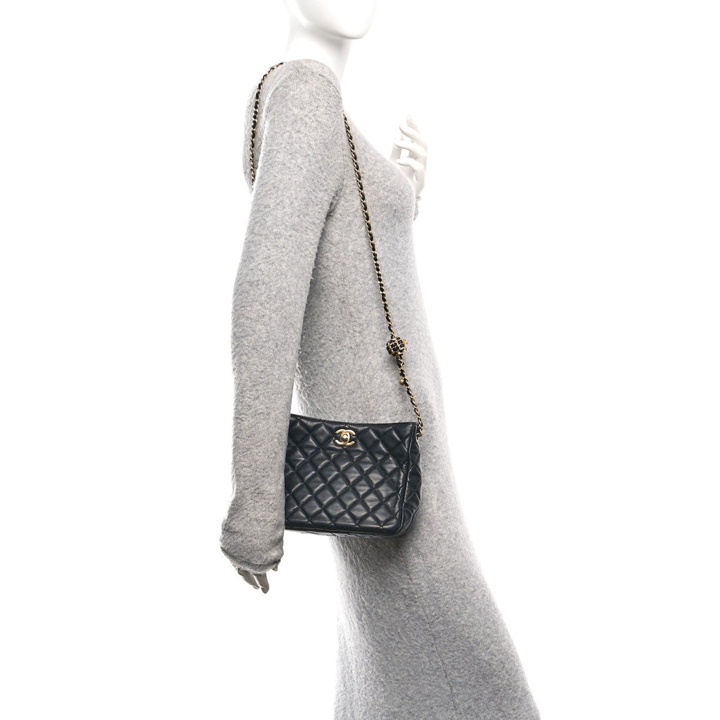 Chanel Lambskin Quilted Small Pearl Crush Hobo Black