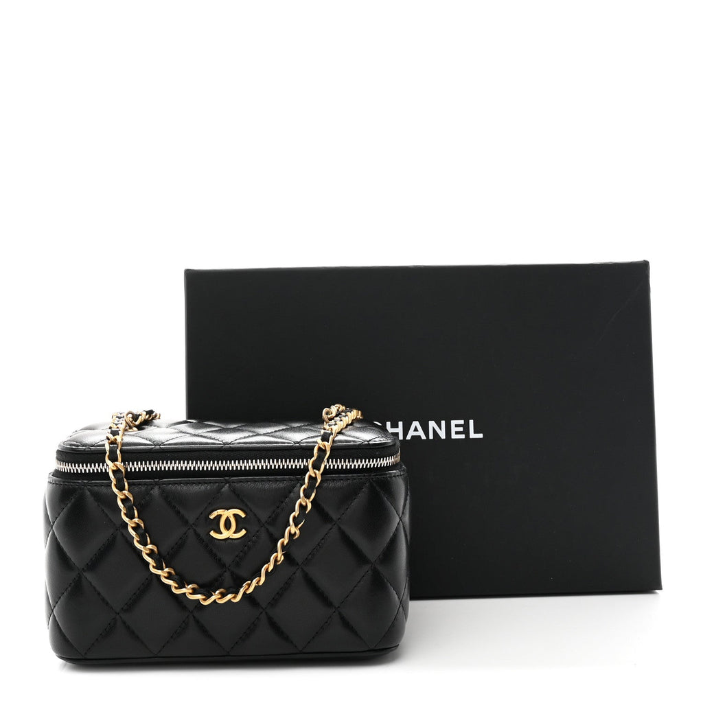 Chanel Lambskin Quilted Pearl Crush Small Vanity Case With Chain Black