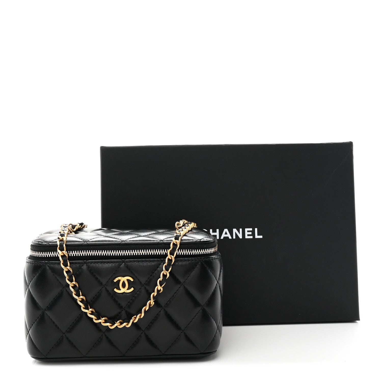 Chanel Lambskin Quilted Pearl Crush Small Vanity Case With Chain Black