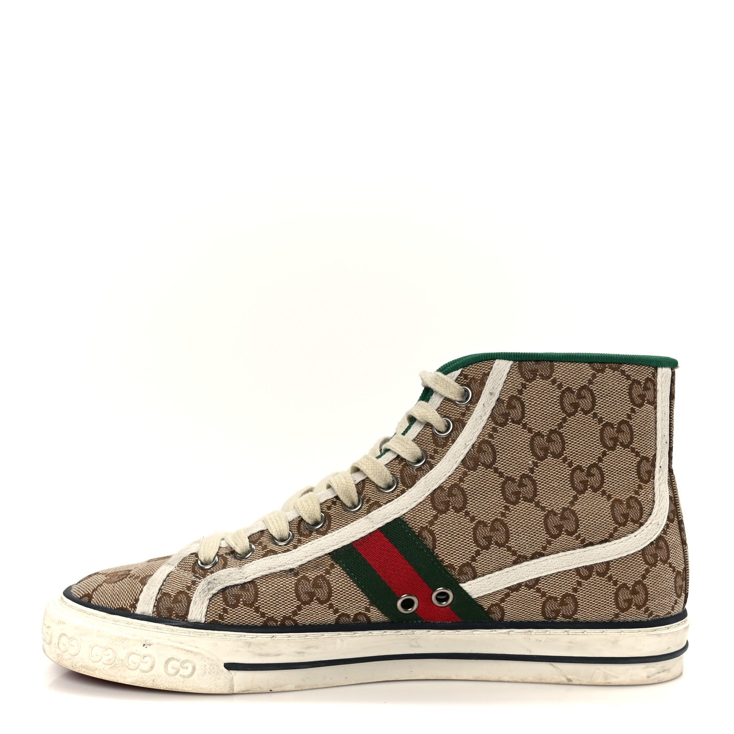 Gucci GG Monogram Web Mens 1977 Tennis High Top Sneakers 6.5 Beige Ebony Mystic White