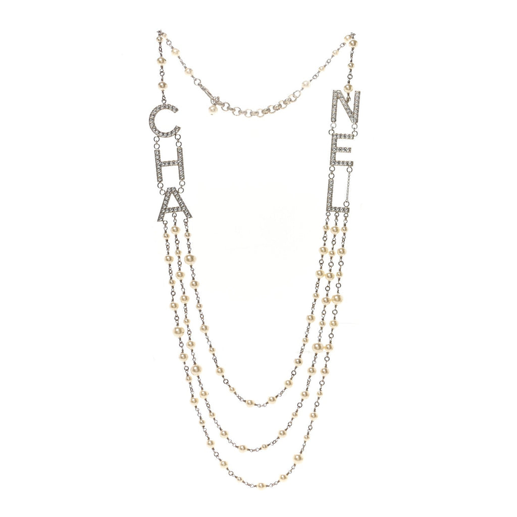 Pearl Crystal Cha-Nel Logo Necklace Gold