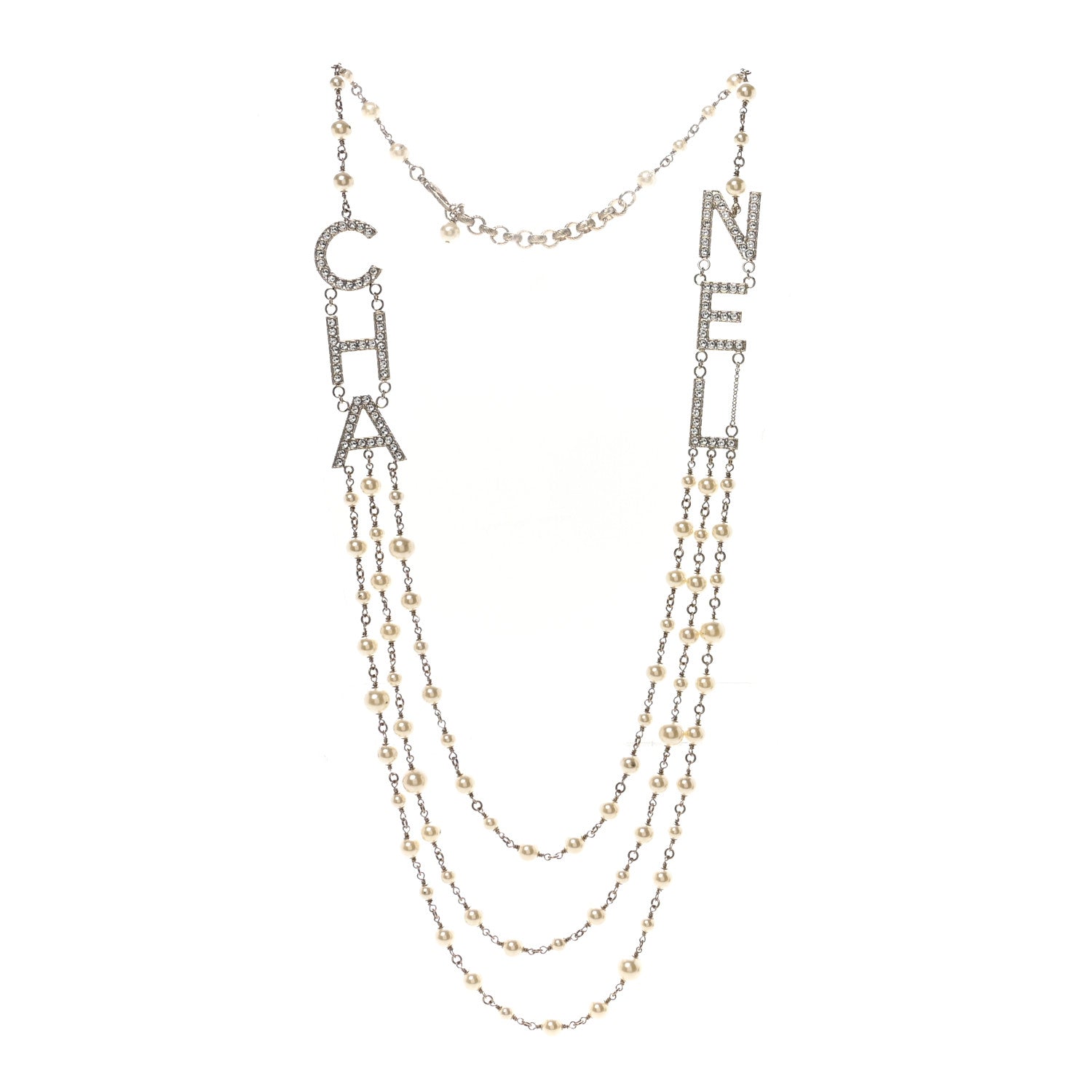 Pearl Crystal Cha-Nel Logo Necklace Gold