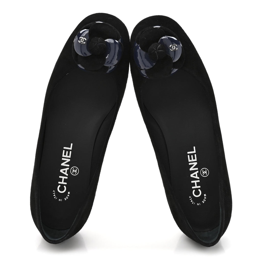 Chanel Suede Patent Camellia CC Ballerina Flat 37 Navy Black