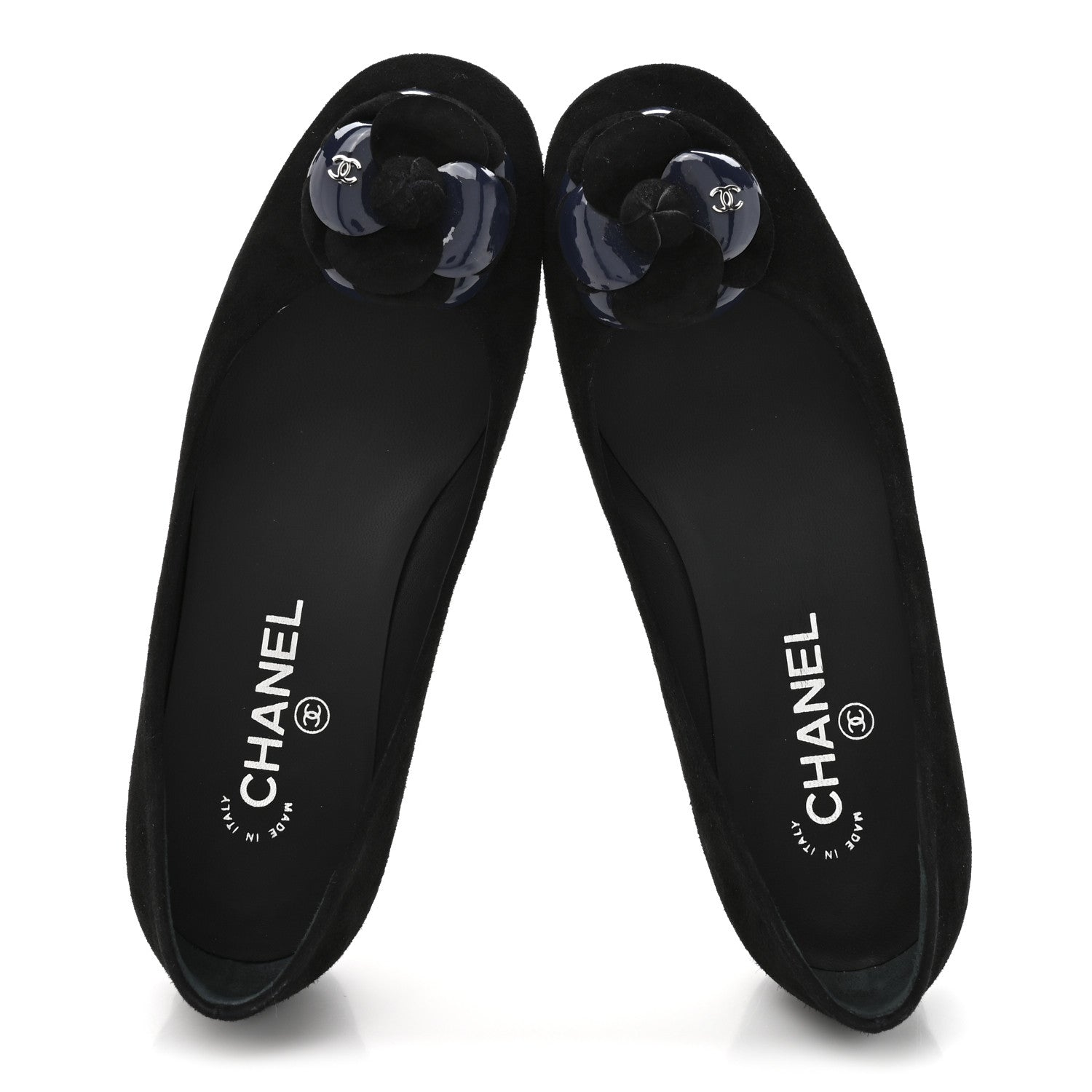 Chanel Suede Patent Camellia CC Ballerina Flat 37 Navy Black