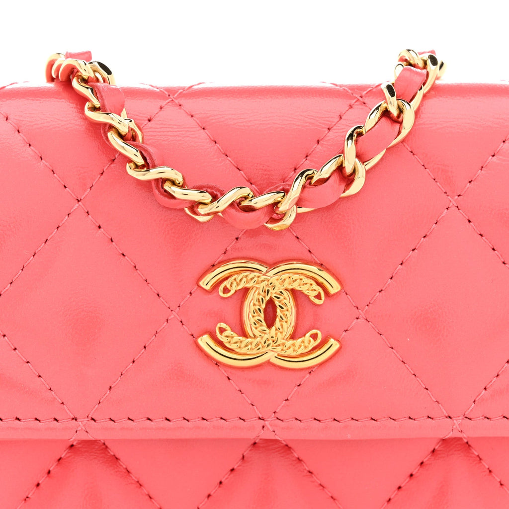 Chanel Shiny Lambskin Quilted Card Holder On Chain Pink
