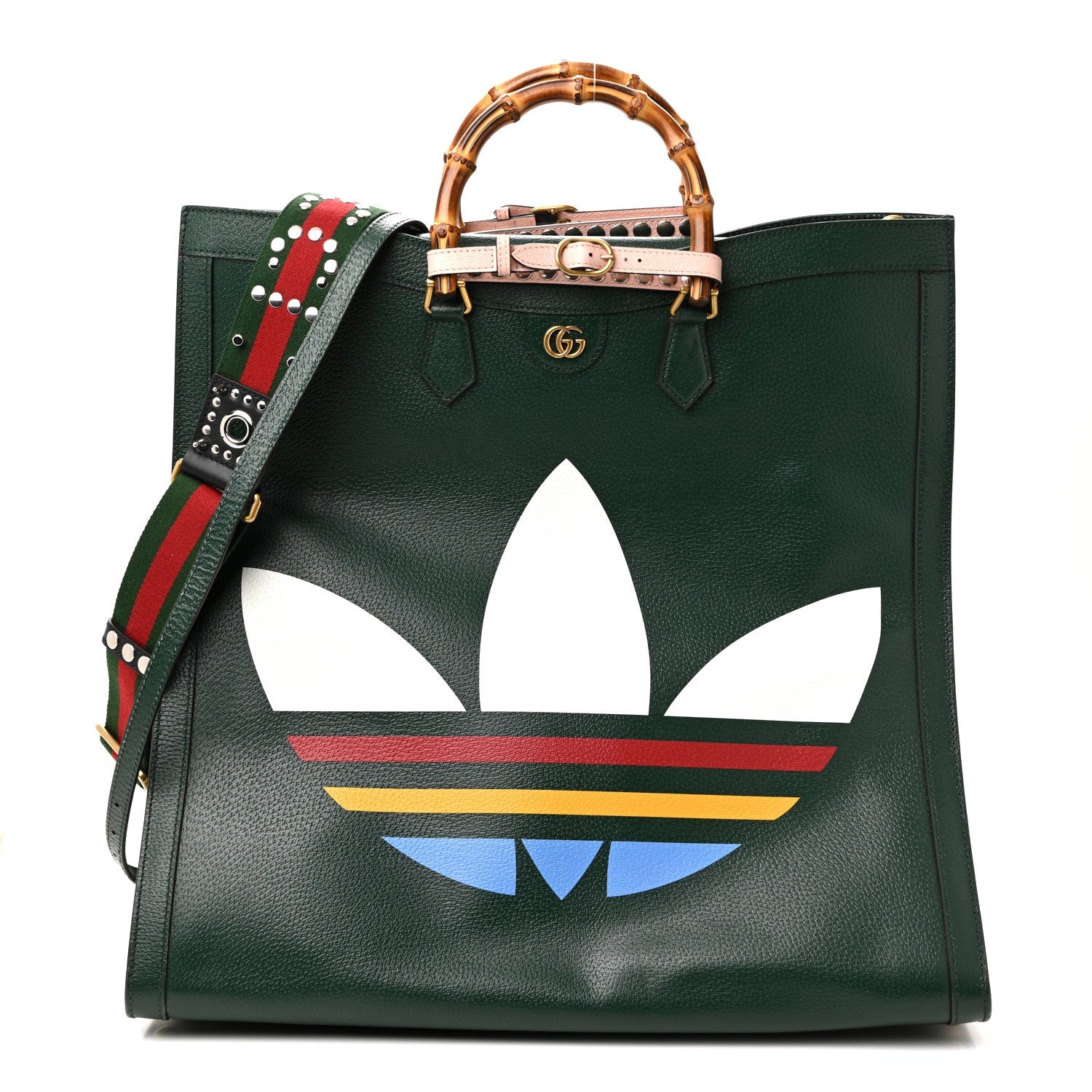 Gucci X Adidas Textured Dollar Calfskin Stripe Studded Maxi Diana Tote Bag Vintage Green Multicolor
