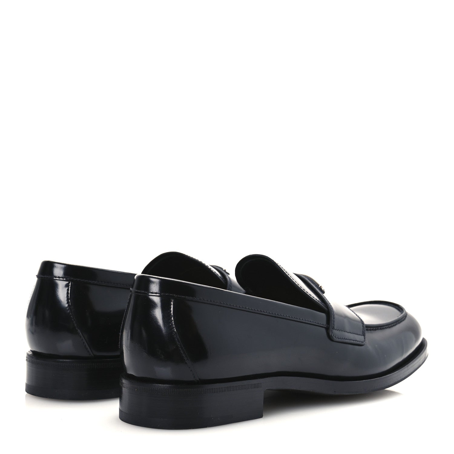 Prada Spazzolato Fume Metal Triangle Logo Mens Loafers 8.5 Black
