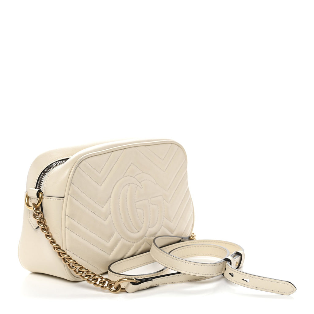 Gucci Calfskin Matelasse Small GG Marmont Chain Shoulder Bag White