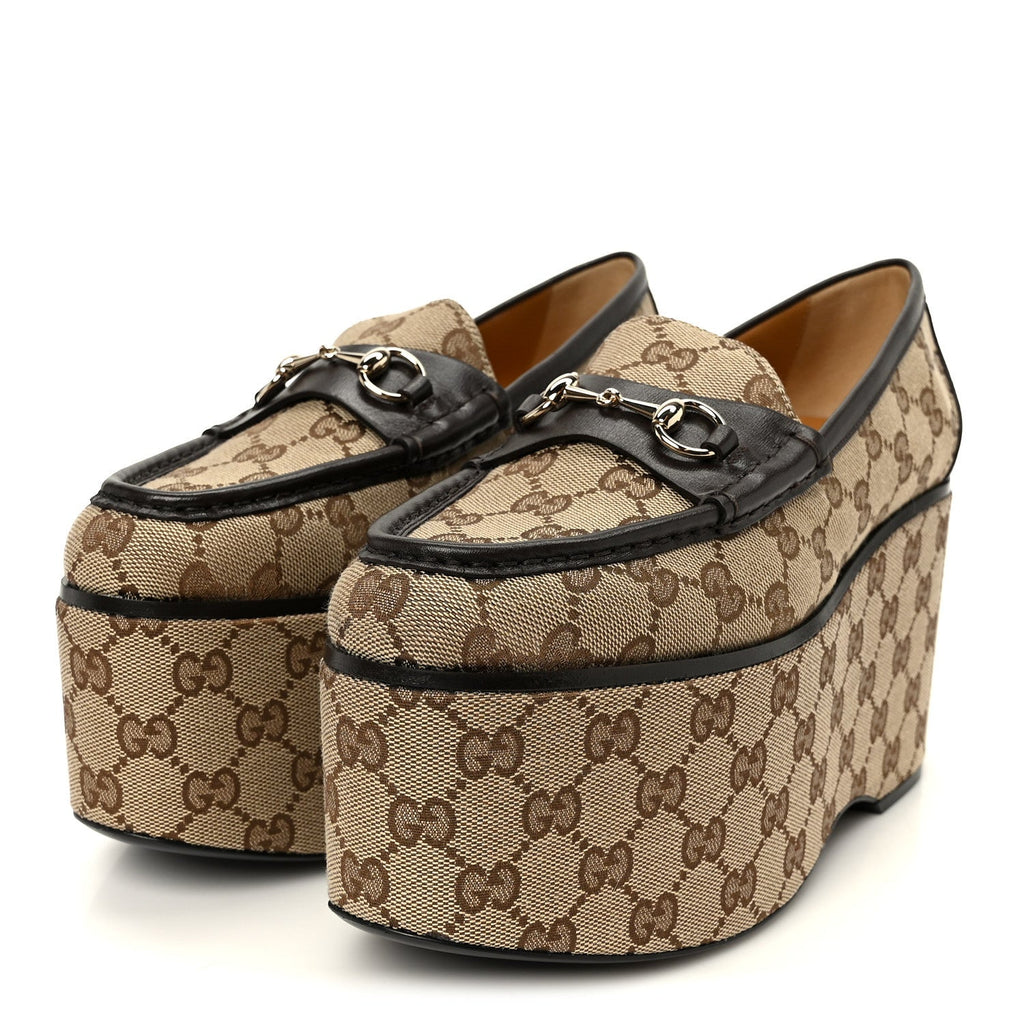 Gucci Canvas GG Monogram Horsebit Calfskin Womens Horsebit Platform Loafers 39.5 Beige Ebony Cocoa