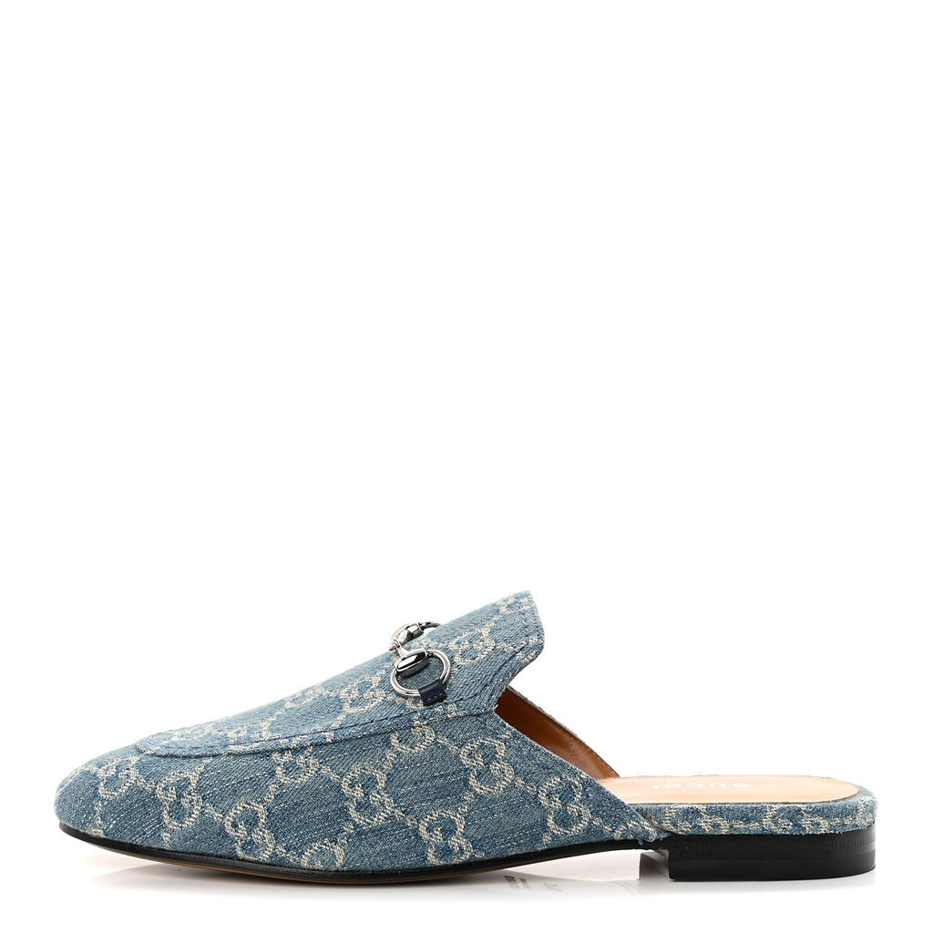Gucci New Denim GG Malaga Kid Womens Princetown Slippers 37.5 Light Blue Royale