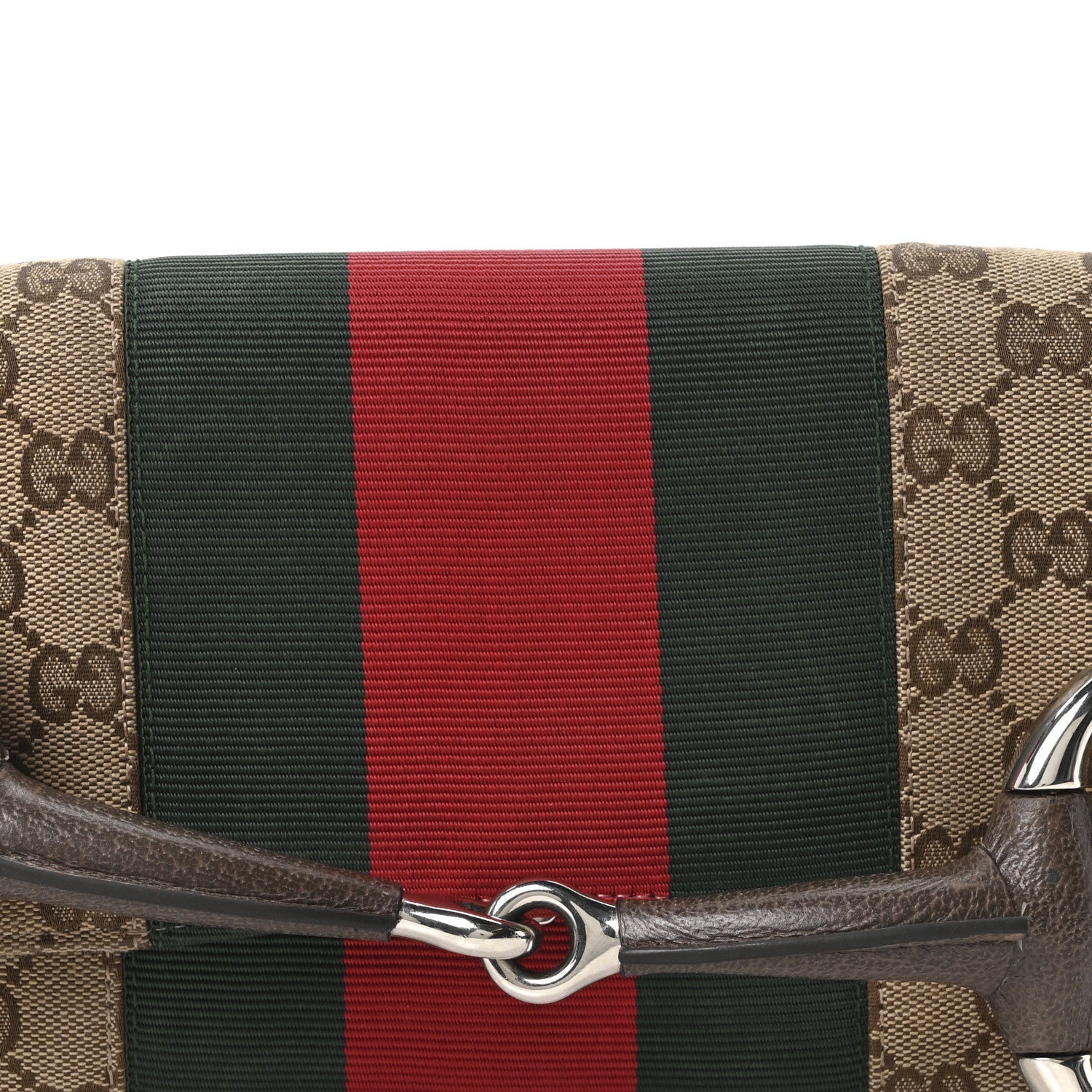 Gucci Monogram Textured Dollar Calfskin Heavy Grosgrain Web Medium Maxi Horsebit Chain Shoulder Bag Beige Ebony New Acero