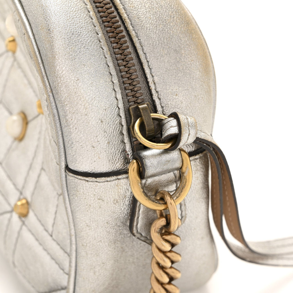 Gucci Metallic Calfskin Matelasse Studded Small Pearly GG Marmont Chain Shoulder Bag Silver