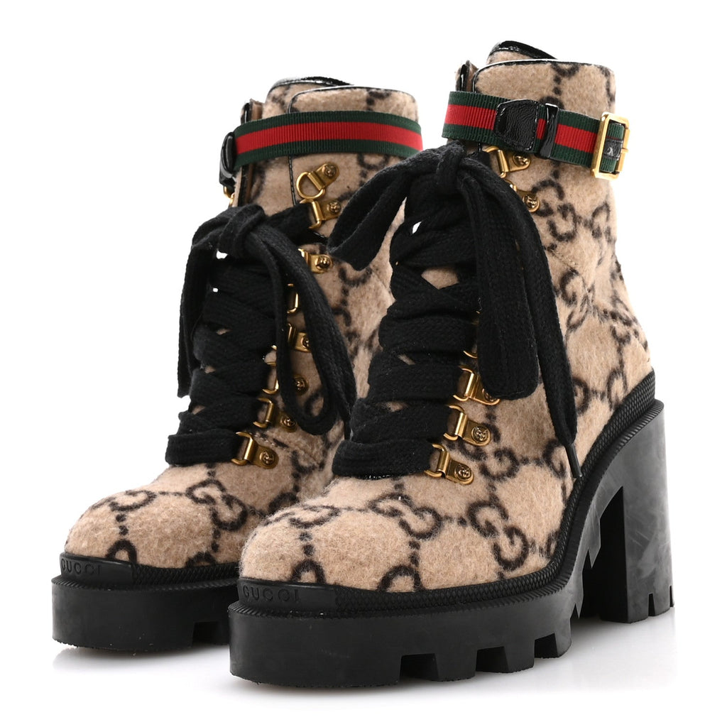 Gucci Covered Wool GG Monogram Womens Lace Up Combat Ankle Boots 35 Beige Ebony Black