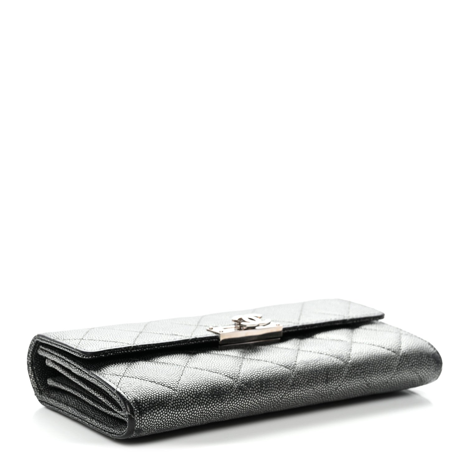 Metallic Caviar Quilted Large Golden Class Gusset Flap Wallet Dark Grey