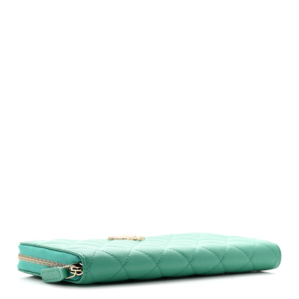 Caviar Quilted Perforated CC Long Zipped Wallet Green