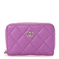 Lambskin Quilted Zip Around Coin Purse Wallet Purple