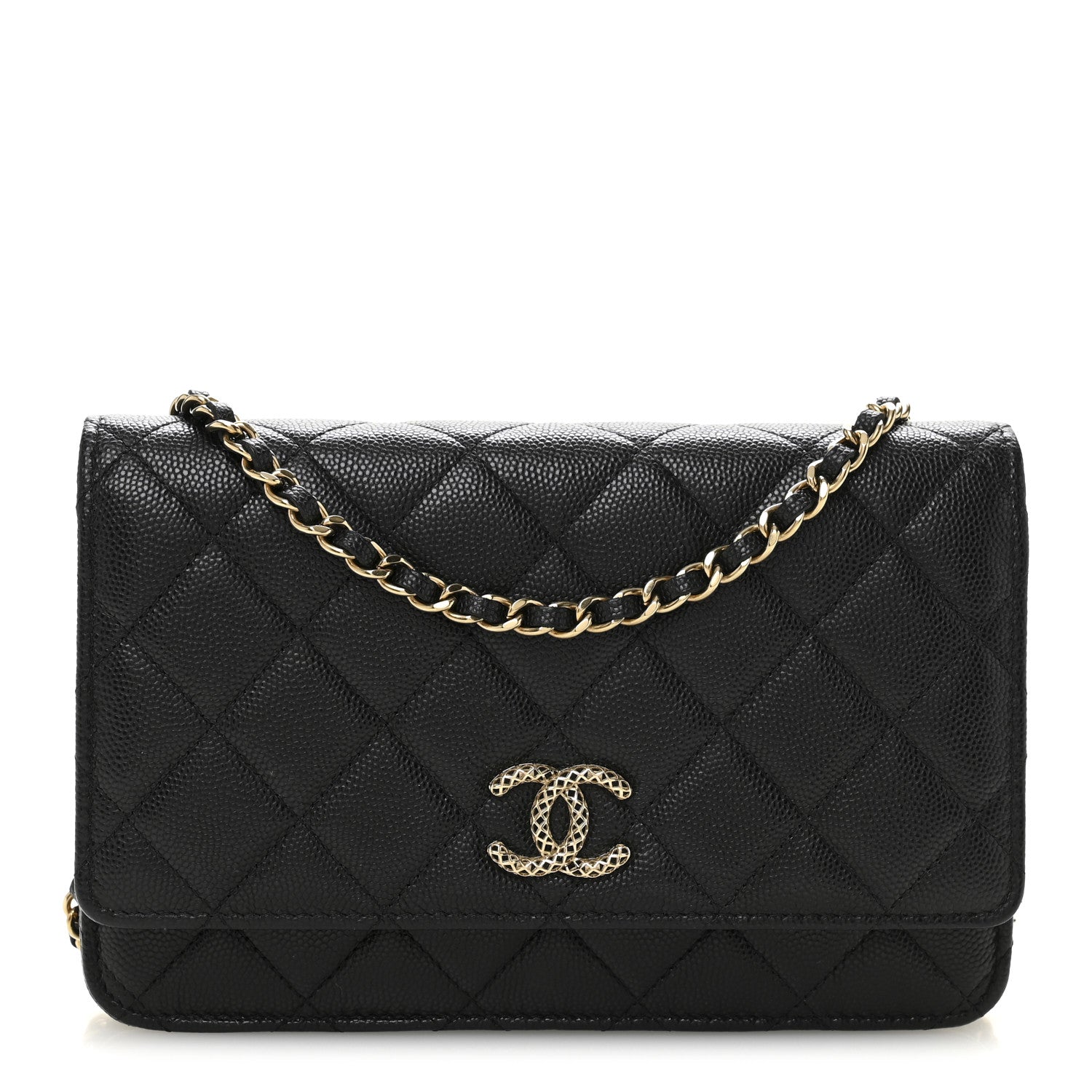 Chanel Caviar Quilted Perforated Metal CC Wallet On Chain WOC Black