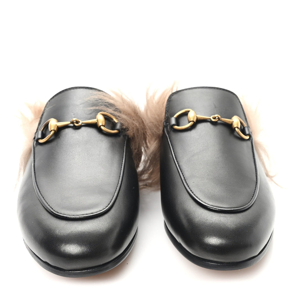 Gucci Calfskin Fur Womens Princetown Slippers 35 Black