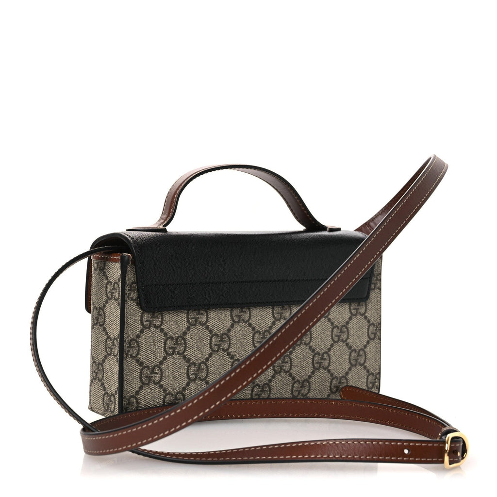 Gucci GG Supreme Monogram Calfskin Mini Padlock Top Handle Shoulder Bag Beige Black Cuir