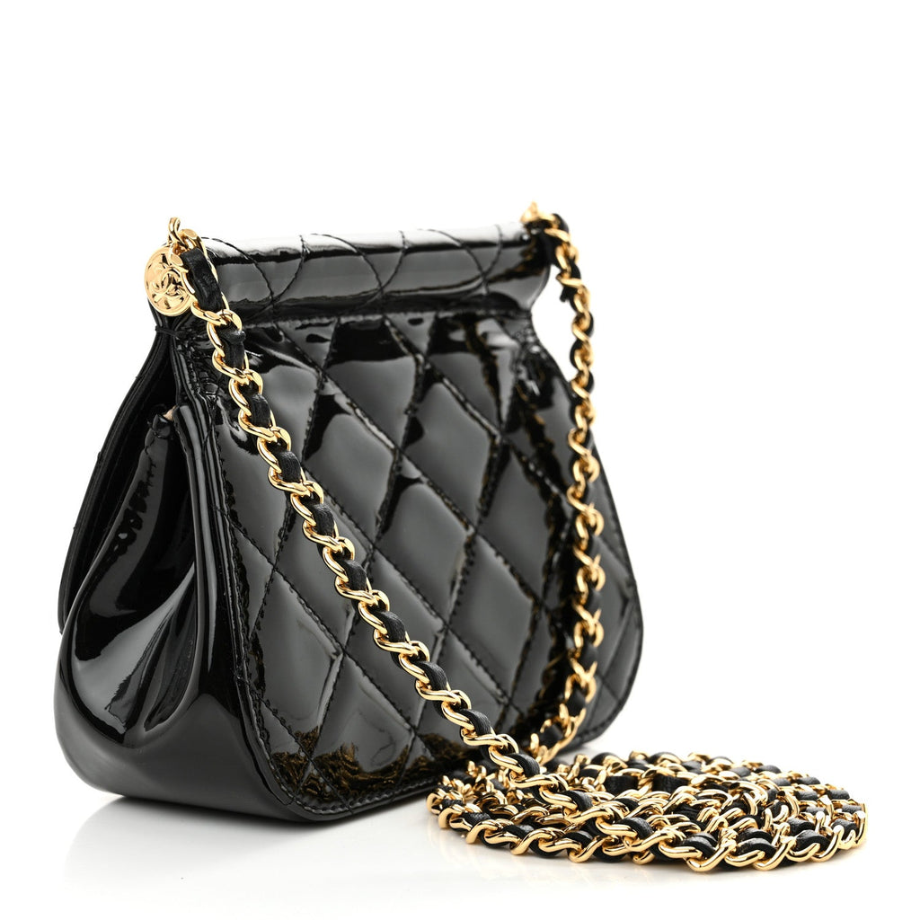 Chanel Patent Quilted Frame Clutch Flap With Chain Black