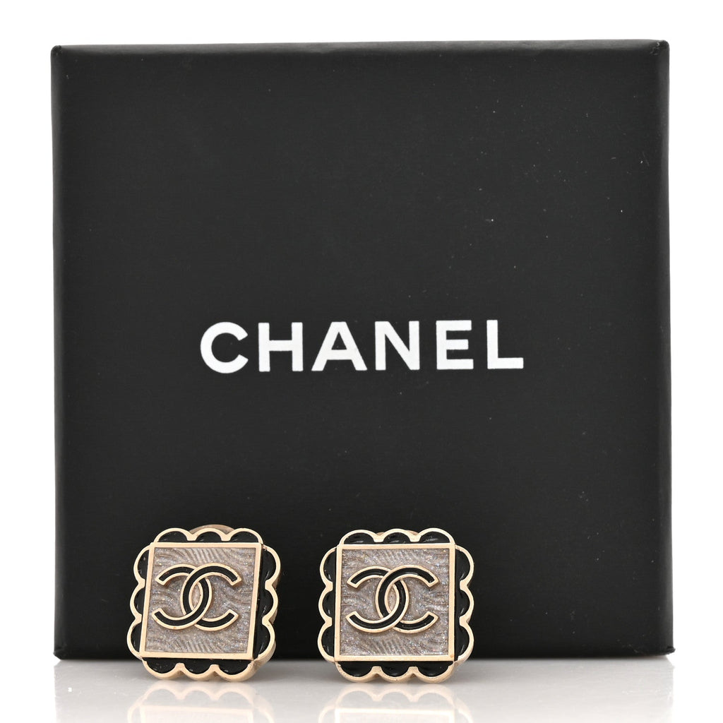 Resin CC Square Clip On Earrings Gold Black