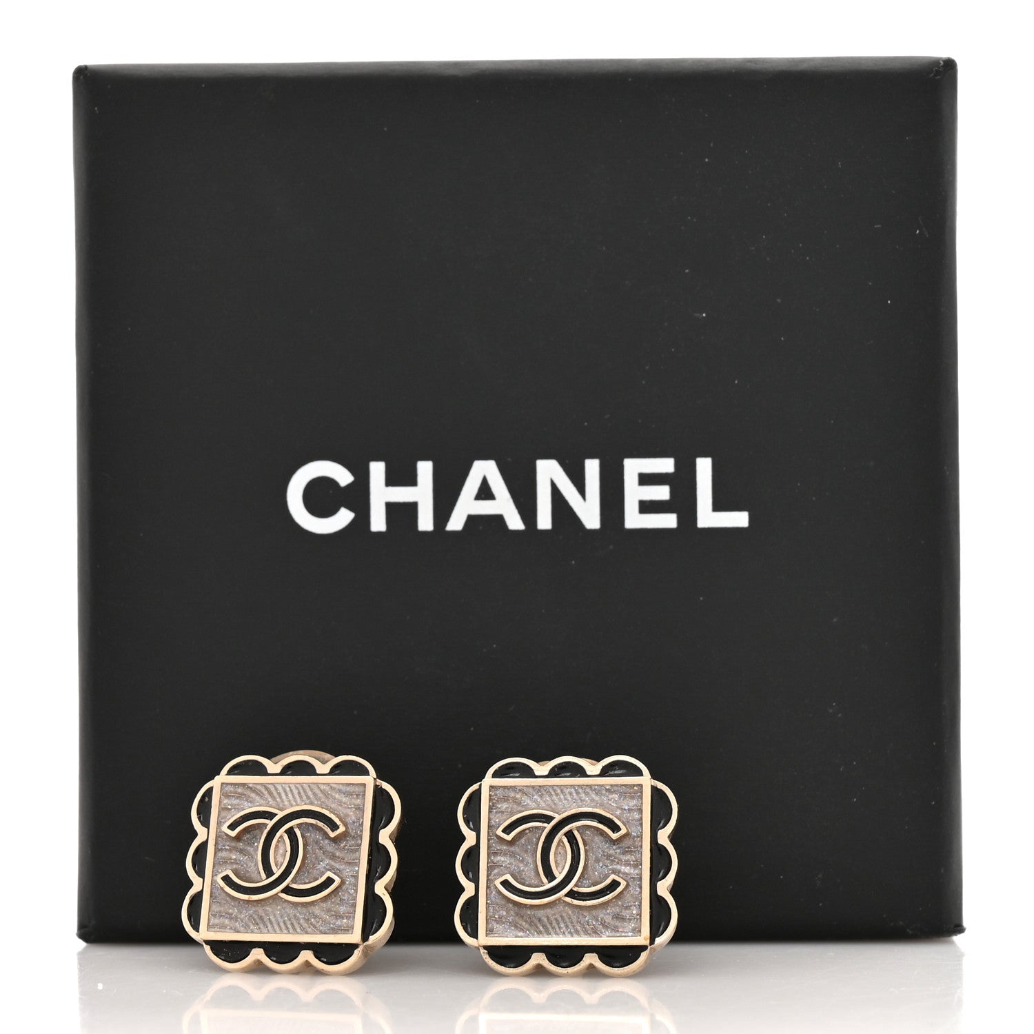 Resin CC Square Clip On Earrings Gold Black