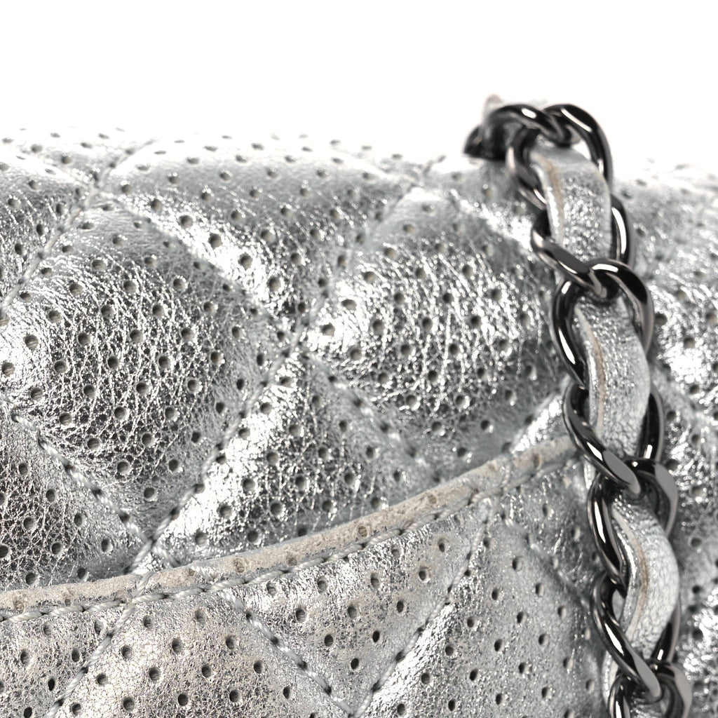 Chanel Metallic Lambskin Perforated Mini Rectangular Flap Silver
