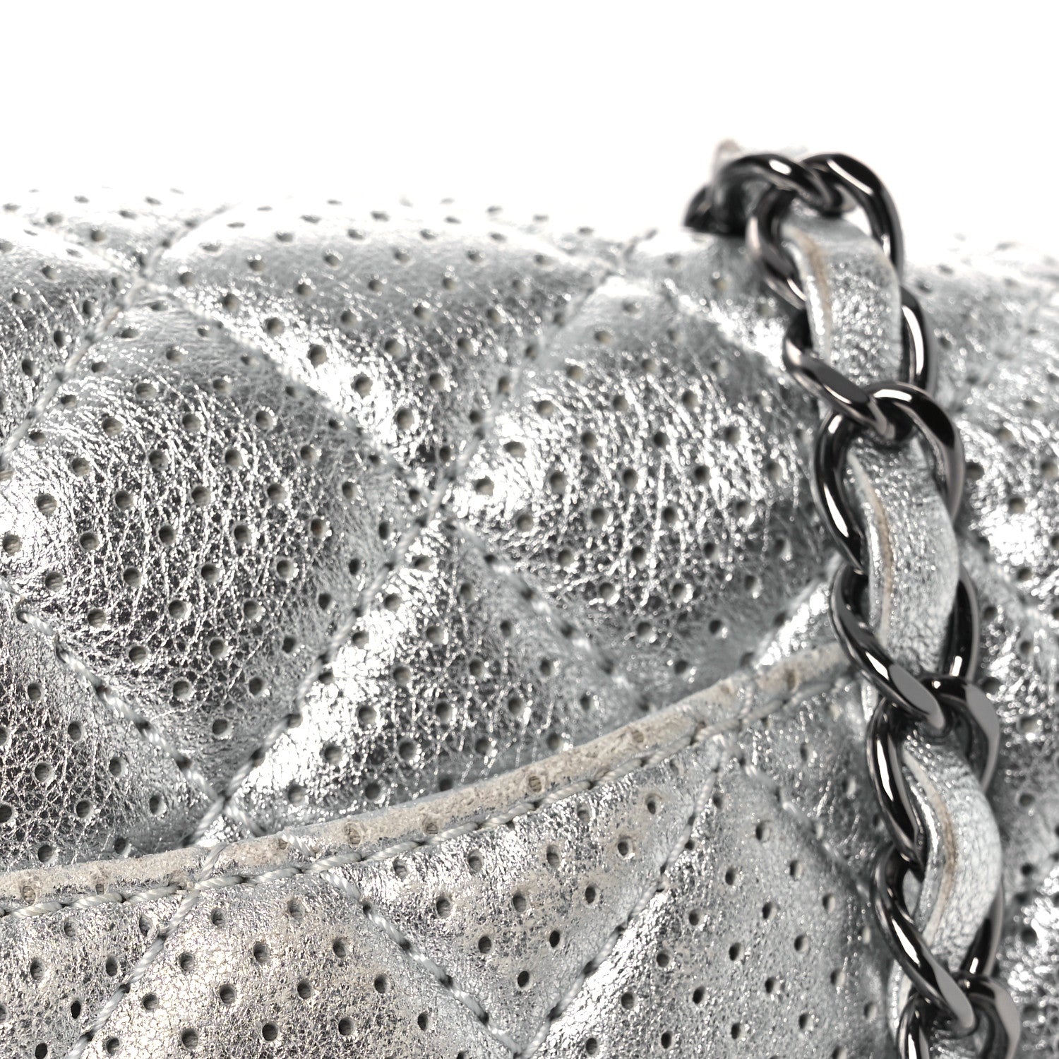 Chanel Metallic Lambskin Perforated Mini Rectangular Flap Silver