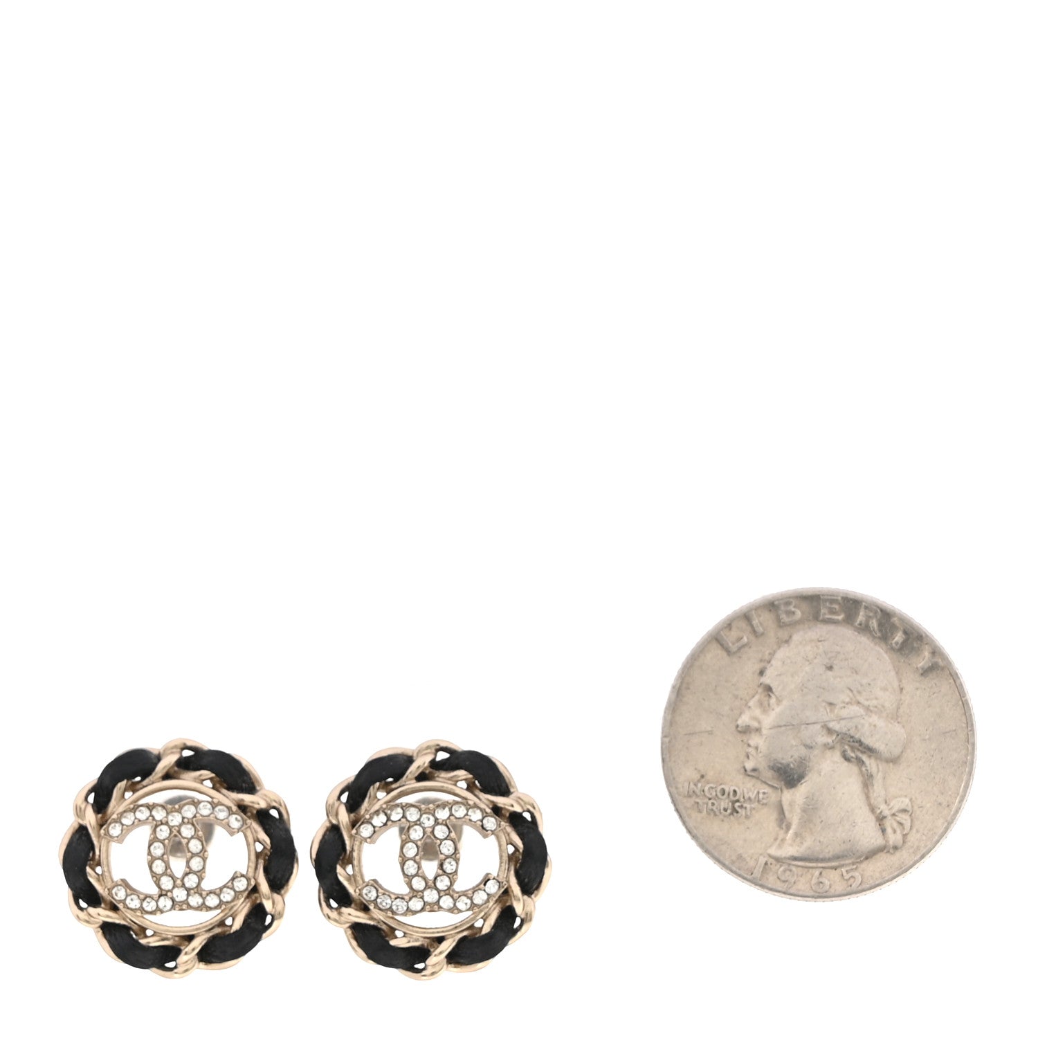 Crystal Lambskin Chain CC Stud Earrings Black Gold