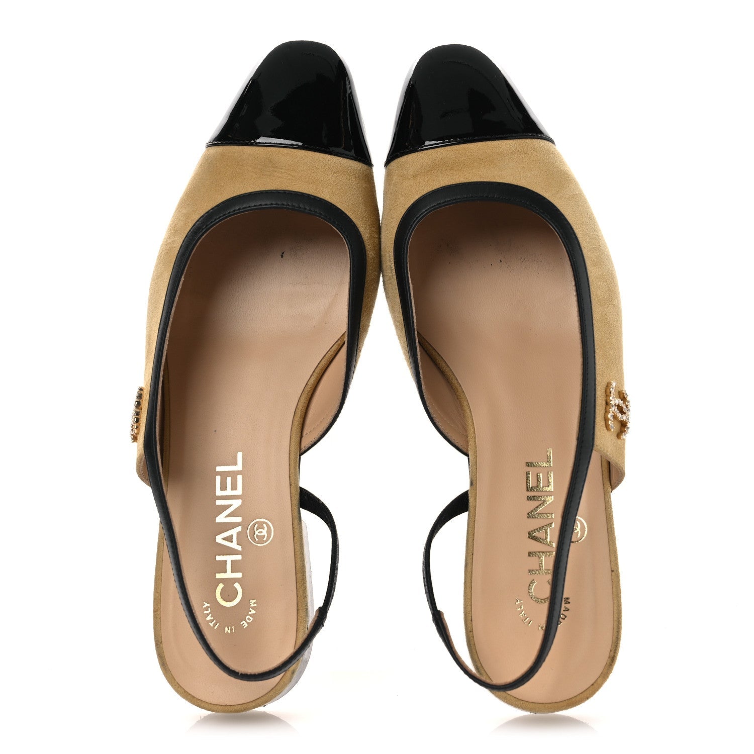 Chanel Suede Patent Crystal CC Cap Toe Slingback Flats 37 Beige Black
