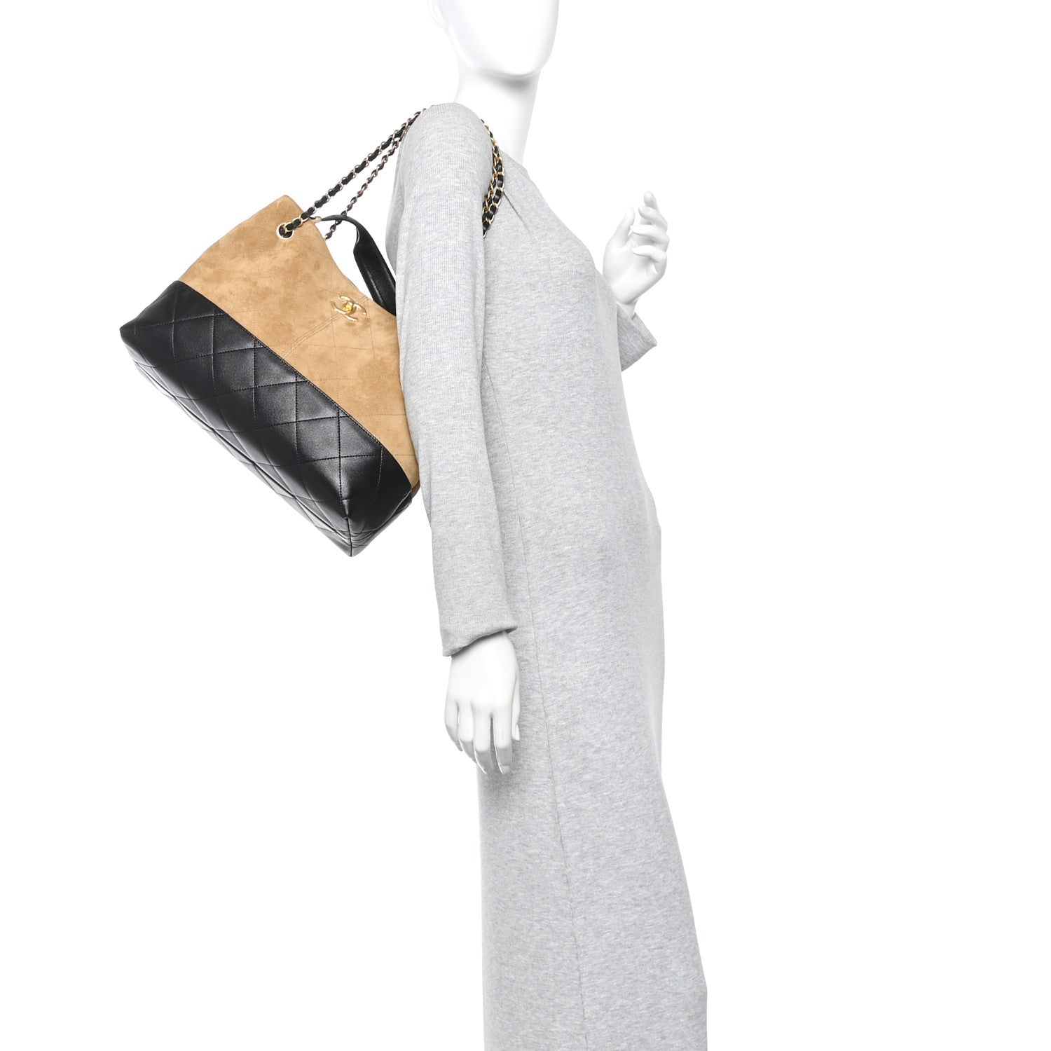Chanel Suede Calfskin Shiny Lambskin Quilted Small Coco Base Shopping Bag Beige Black